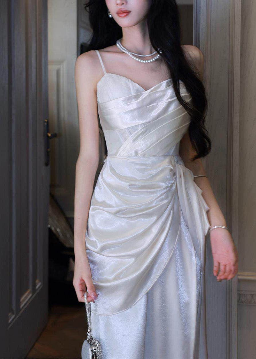 Classy White Cinched Satin Maxi Spaghetti Strap Dress Summer 3