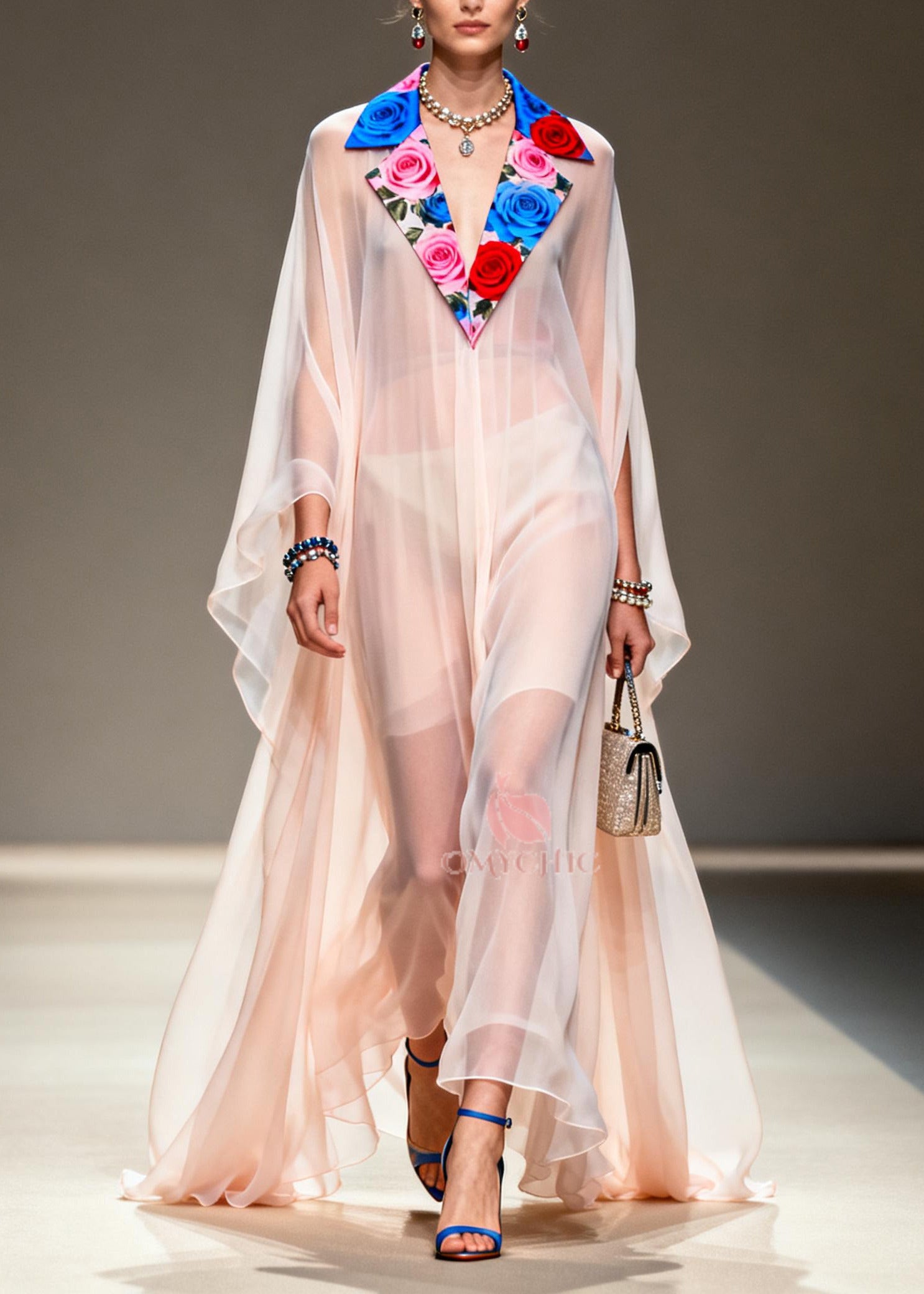 Deep V-Neck Cape Sleeve Floral Collar Chiffon Maxi Dress