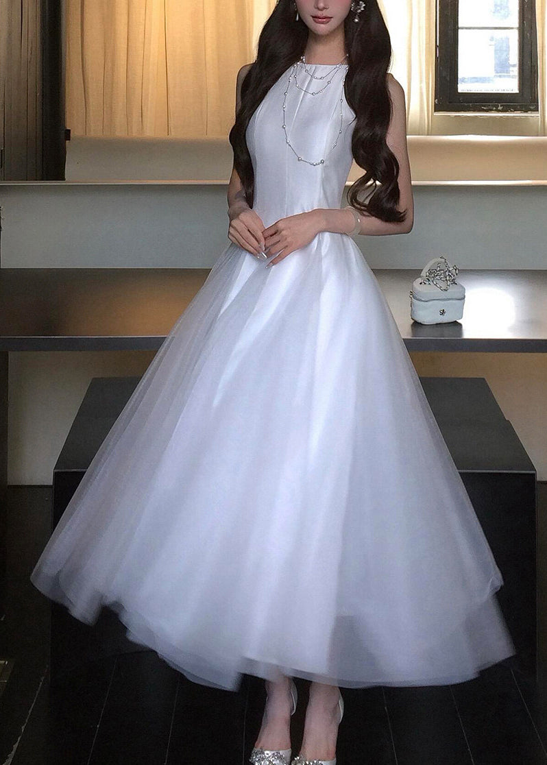 Satin Tulle Overlay Round Neck Sleeveless Layered A-Line Midi Dress
