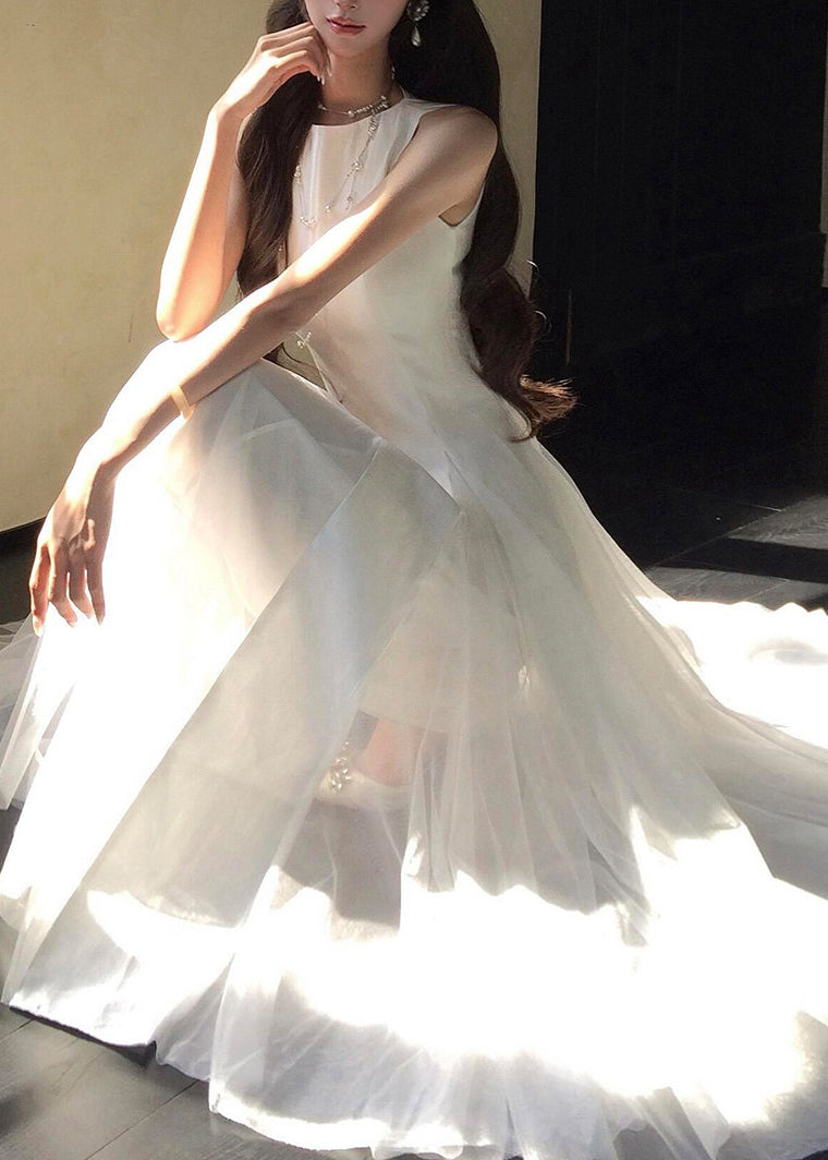 Satin Tulle Overlay Round Neck Sleeveless Layered A-Line Midi Dress