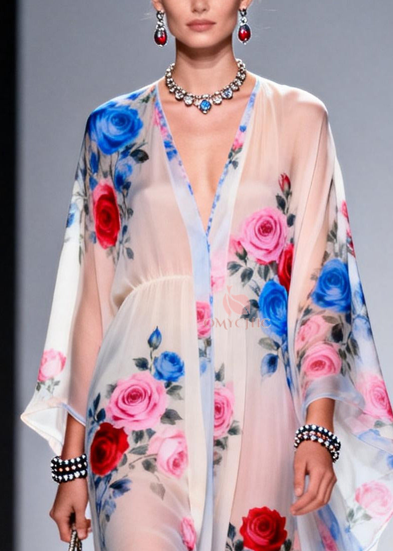 Floral Print Deep V-Neck Empire Waist Kimono Sleeve Sheer Chiffon Maxi Gown