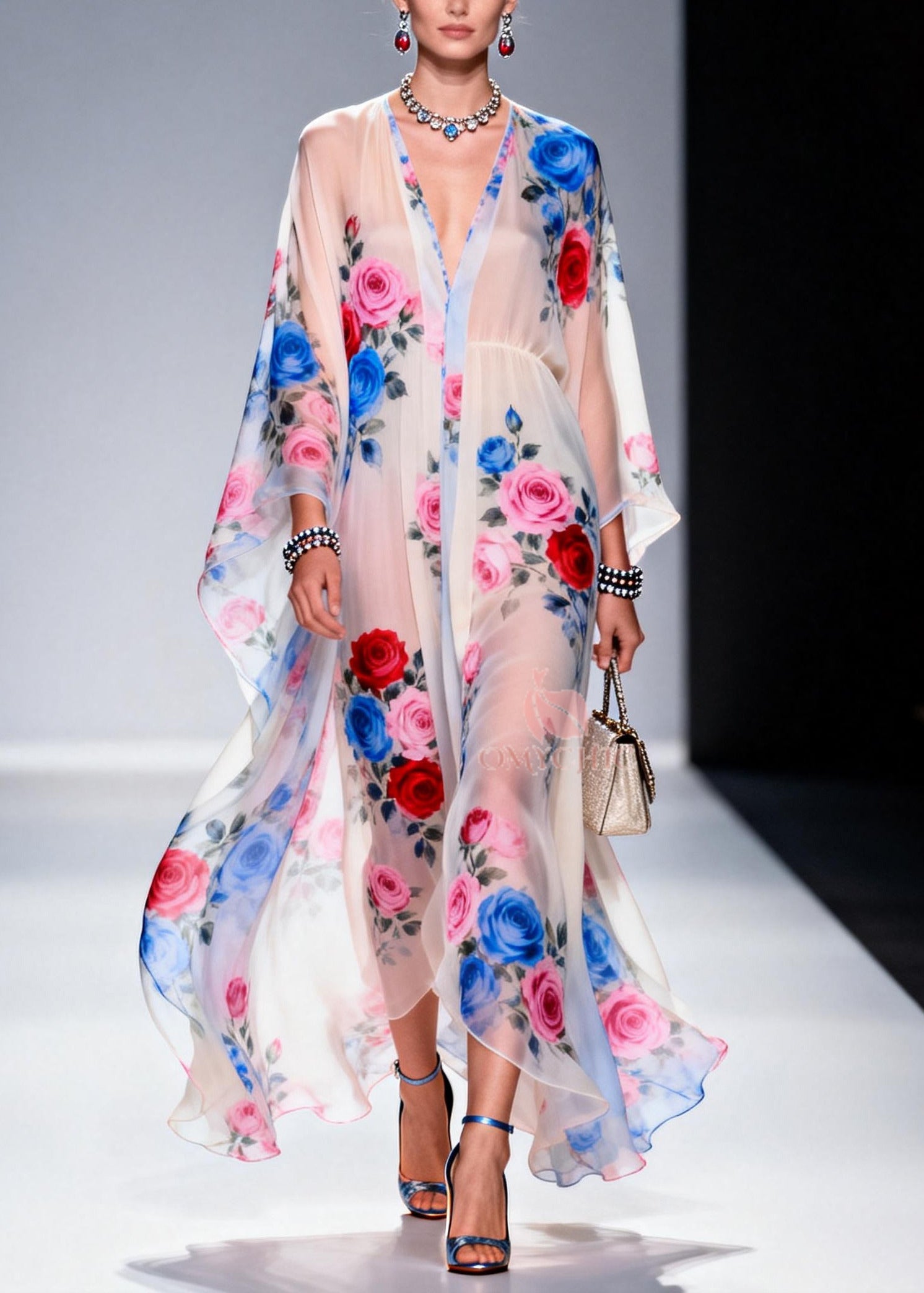 Floral Print Deep V-Neck Empire Waist Kimono Sleeve Sheer Chiffon Maxi Gown