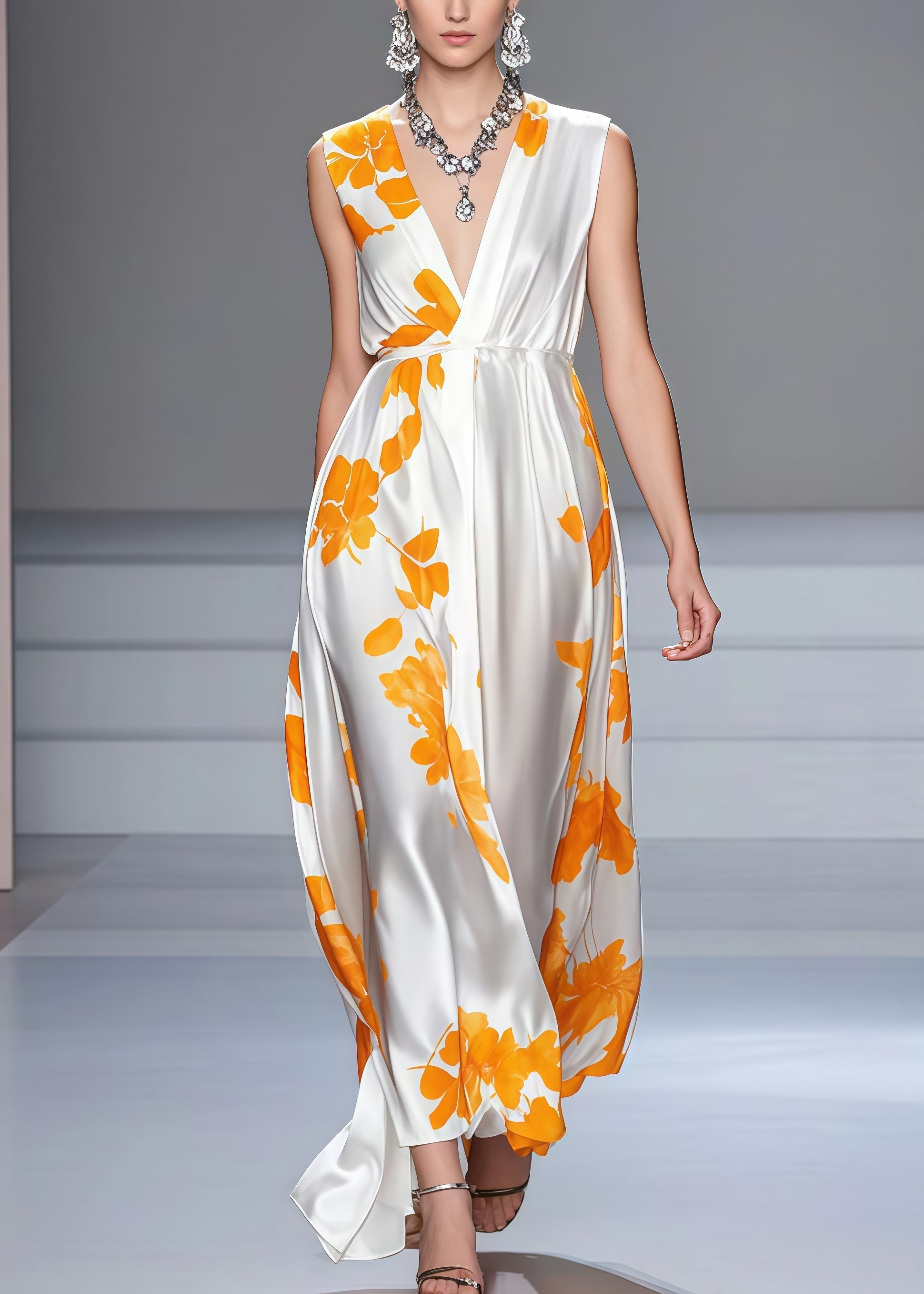 Floral Print Deep V-Neck Sleeveless Empire Waist A-Line Maxi Dress