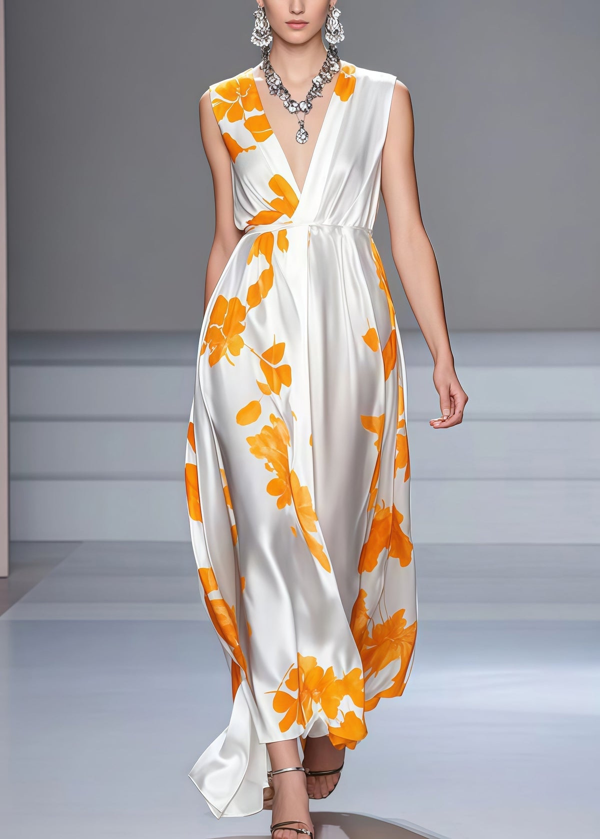 Floral Print Deep V-Neck Sleeveless Empire Waist A-Line Maxi Dress - View 3