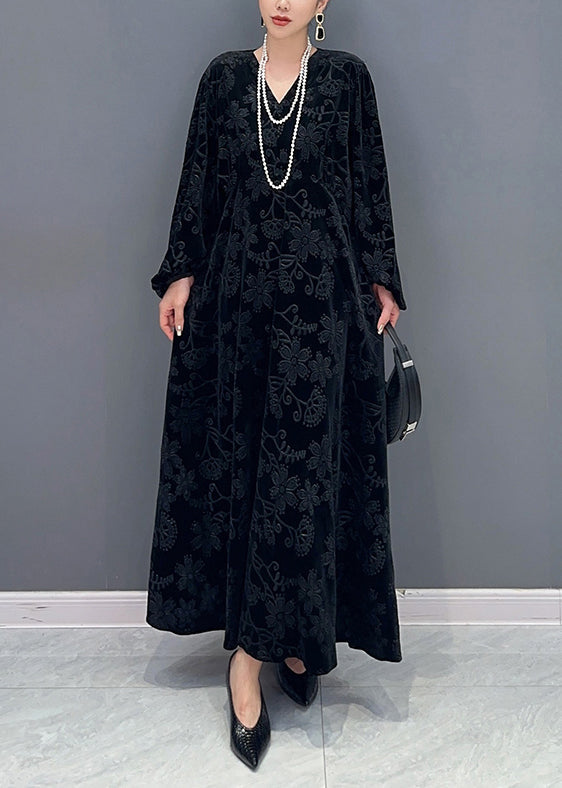 Velvet Embossed Floral Deep V-Neck Balloon Sleeve Pocket Maxi Dress