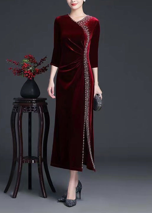 Velvet V-Neck Three Quarter Sleeve Rhinestone Trim High Split Maxi Gown