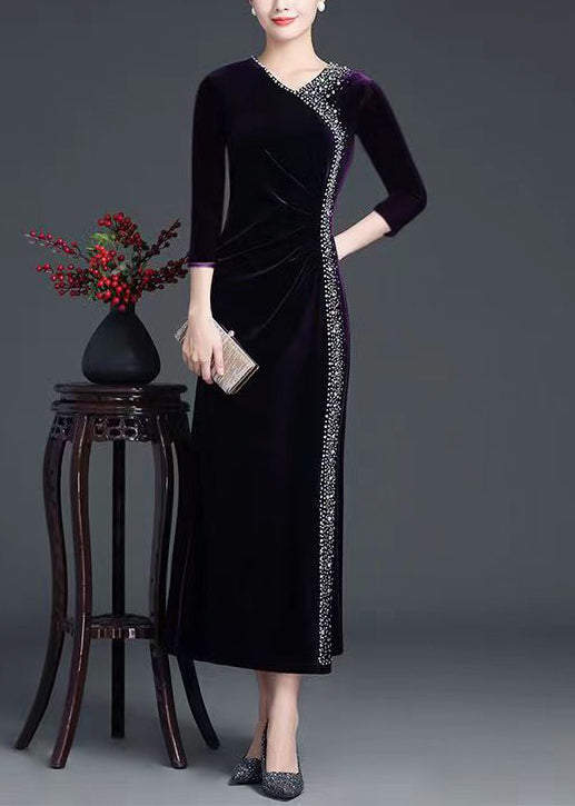 Velvet V-Neck Three Quarter Sleeve Rhinestone Trim High Split Maxi Gown