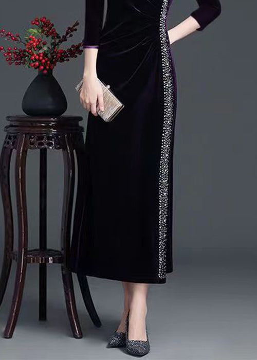 Velvet V-Neck Three Quarter Sleeve Rhinestone Trim High Split Maxi Gown