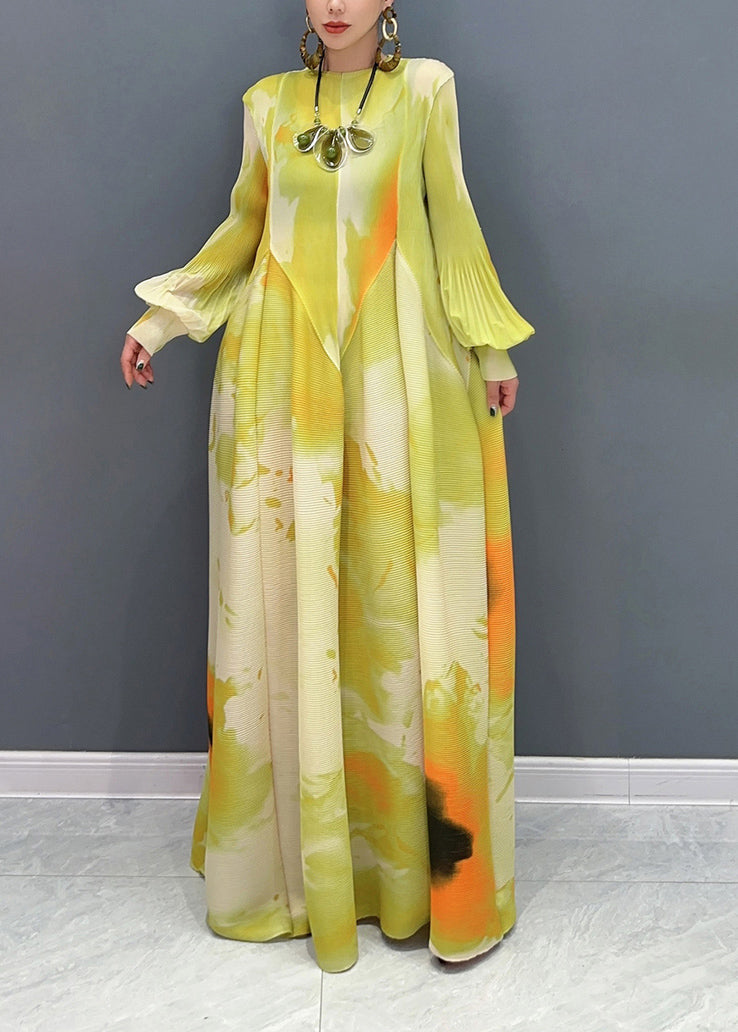 Abstract Print Pleated Round Neck Lantern Sleeve Loose Maxi Dress
