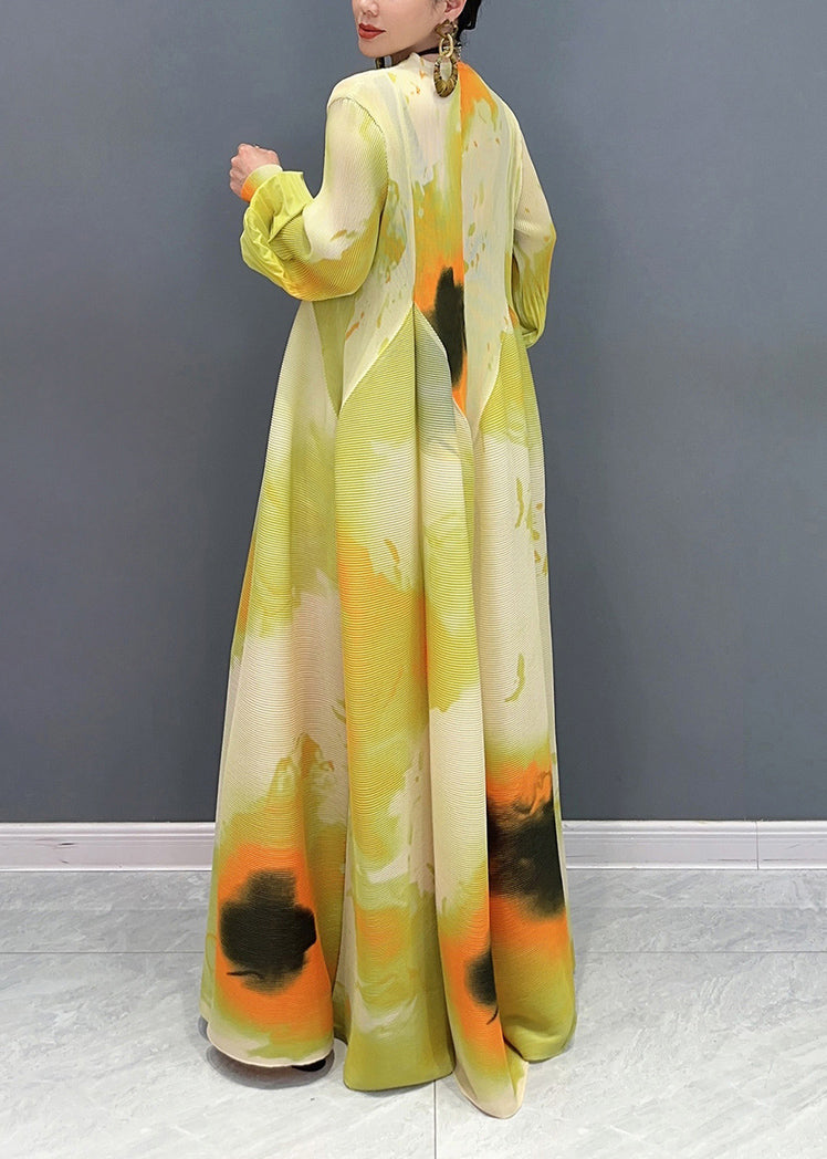 Classy Yellow Print Patchwork Chiffon Long Dress Puff Sleeve - View 4