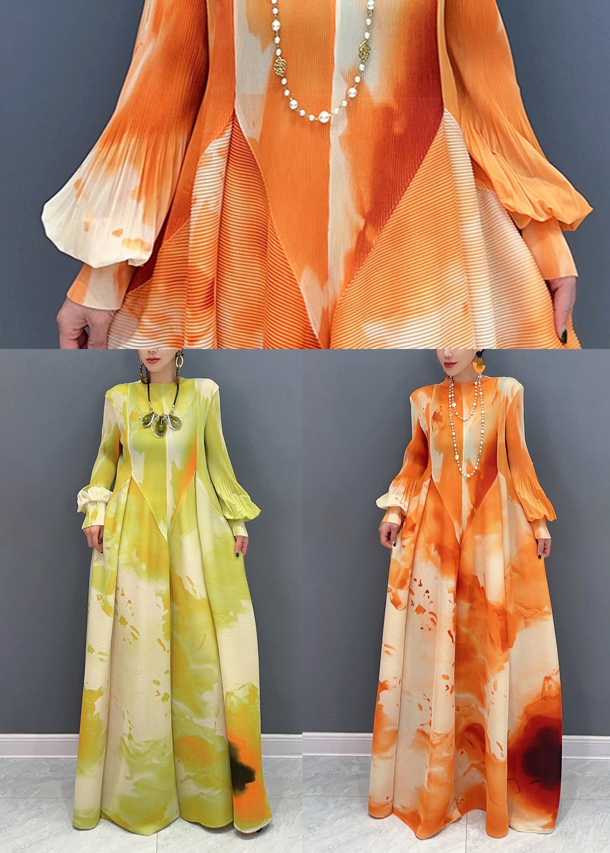 Classy Yellow Print Patchwork Chiffon Long Dress Puff Sleeve - View 5