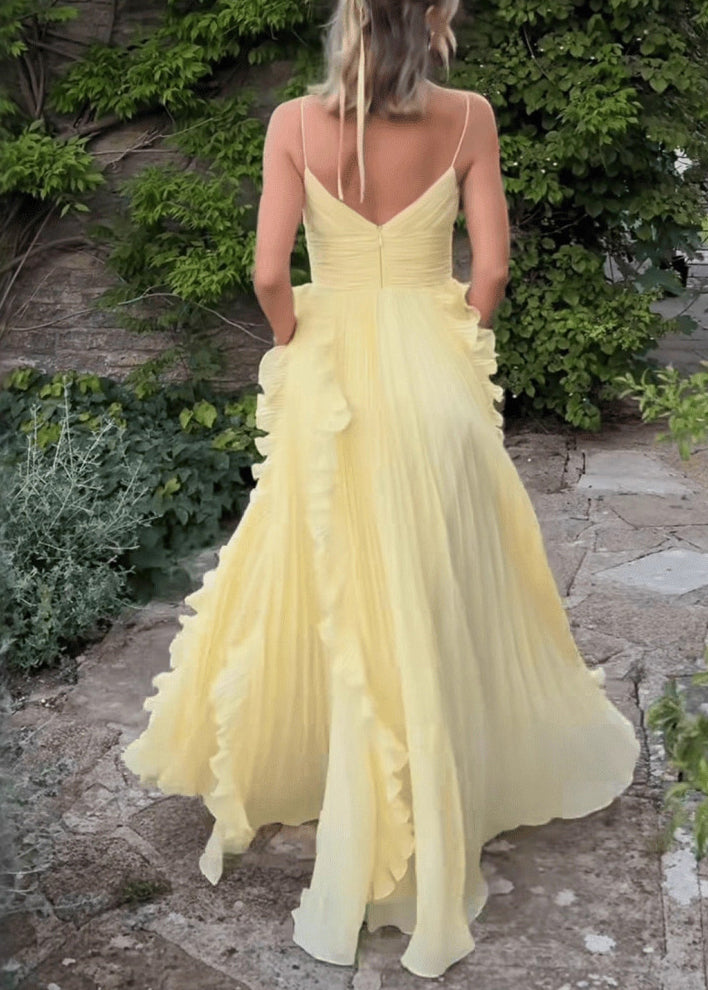 Classy Yellow V Neck Ruffled High Waist Chiffon Spaghetti Strap Dress Sleeveless 5