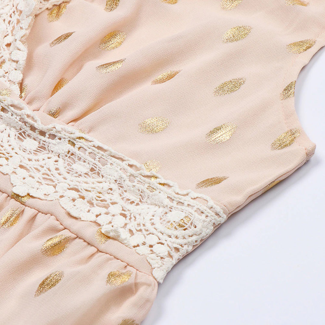 Polka Dot Deep V-Neck Lace Trim Tiered Ruffle Maxi Dress
