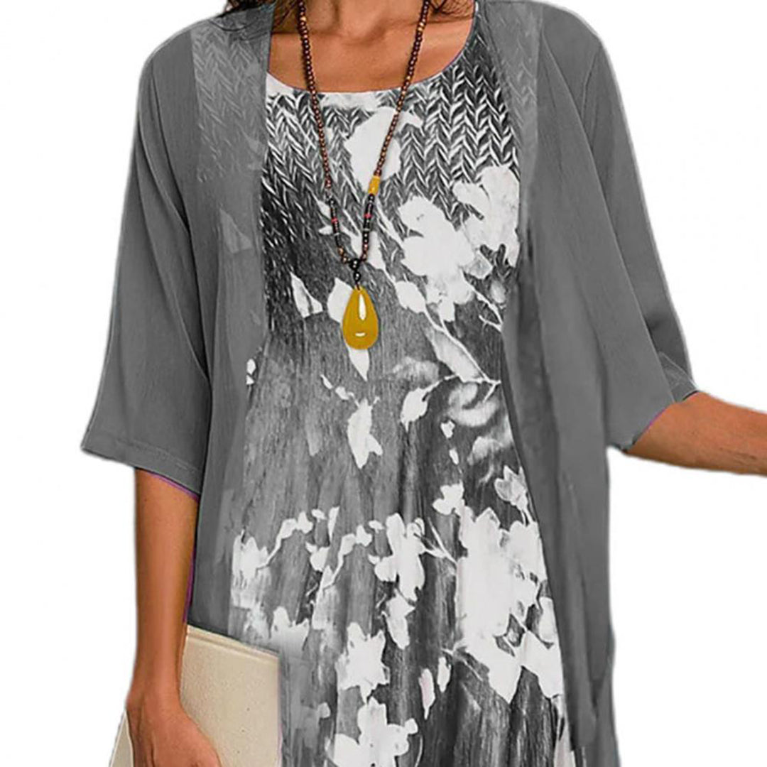 Floral Print Round Neck Midi Dress and Sheer Open Front Cardigan Two-Piece Set