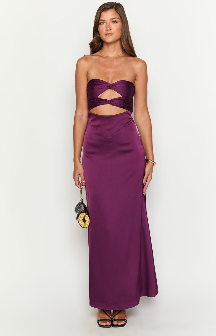 Satin Strapless Twist Front Cut Out Waist Maxi Dress 2