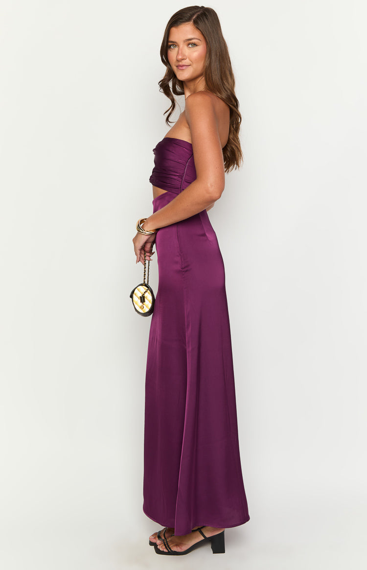 Satin Strapless Twist Front Cut Out Waist Maxi Dress 4