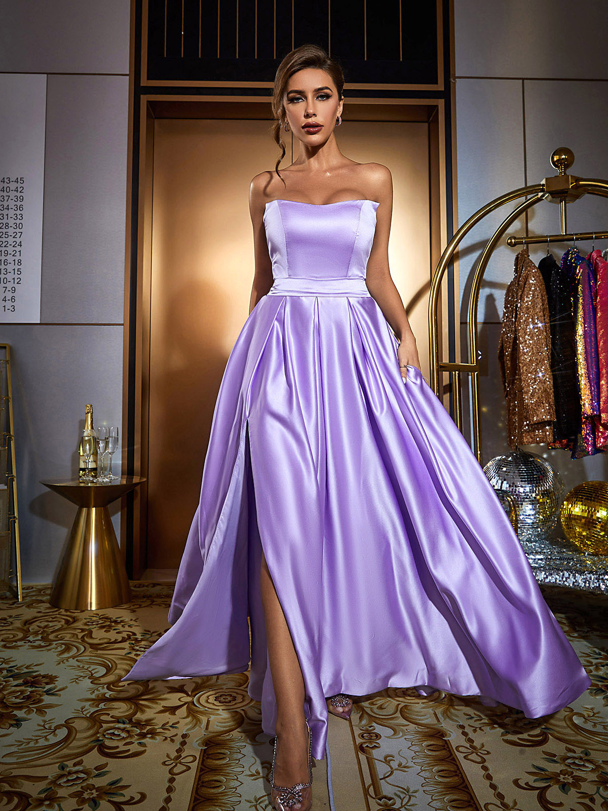 Strapless Satin Pleated High Split Pocket A-Line Formal Gown