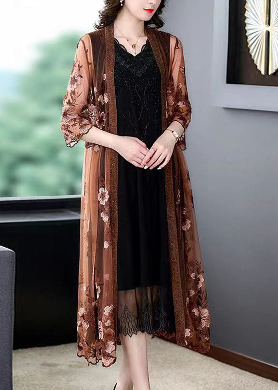 Lace Trim V-Neck Midi Dress Floral Embroidered Tulle Coat Two-Piece Set