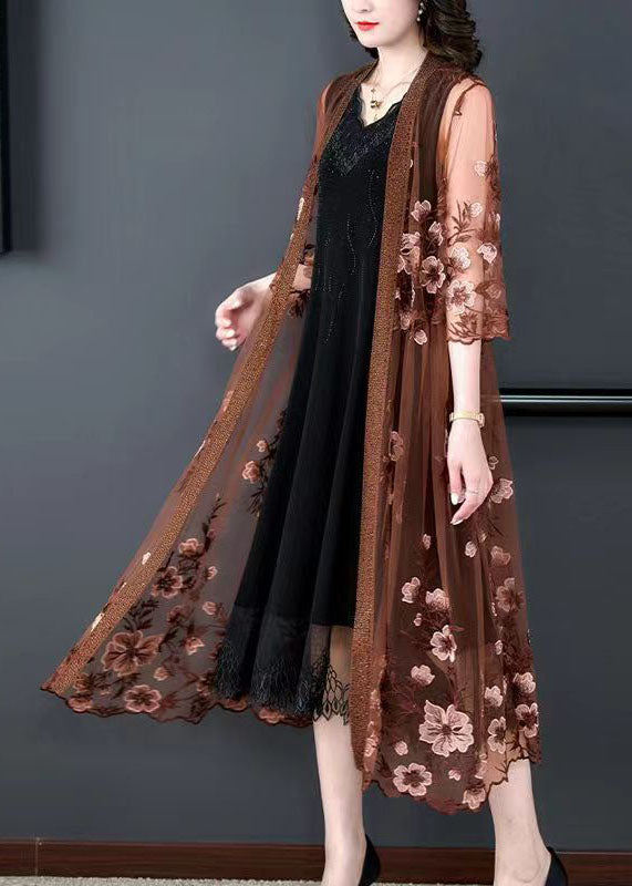 Lace Trim V-Neck Midi Dress Floral Embroidered Tulle Coat Two-Piece Set