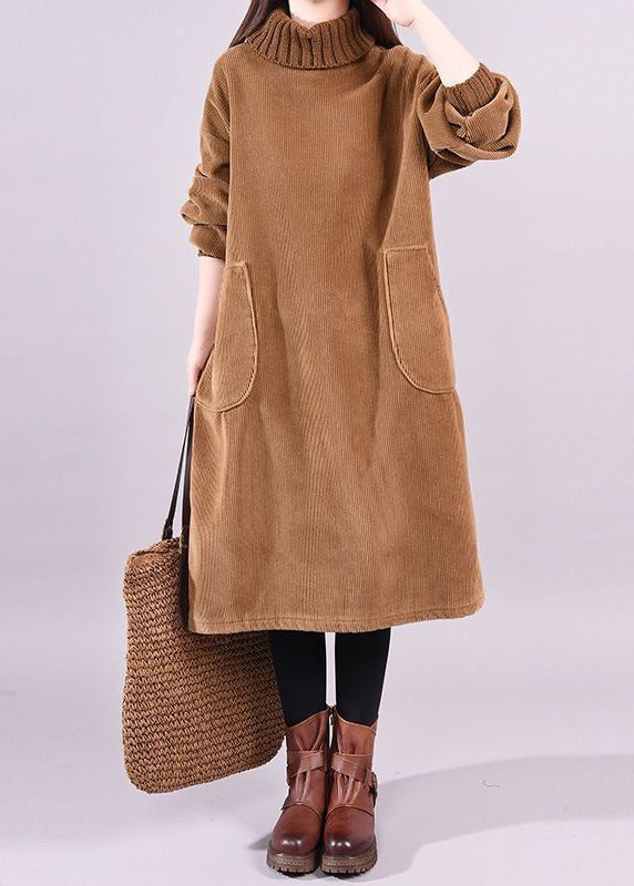 High Neck Long Sleeve Pocket Corduroy Midi Dress
