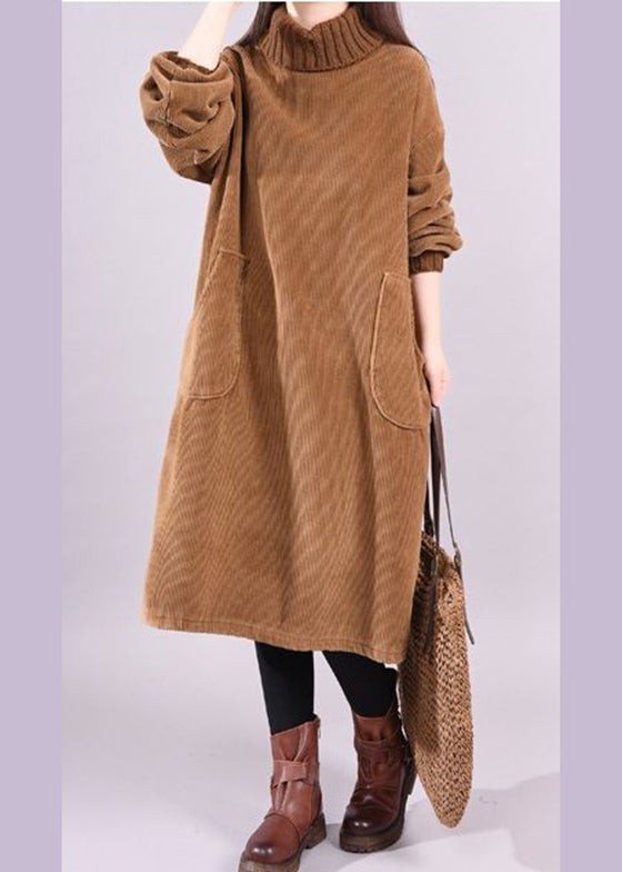 High Neck Long Sleeve Pocket Corduroy Midi Dress 4