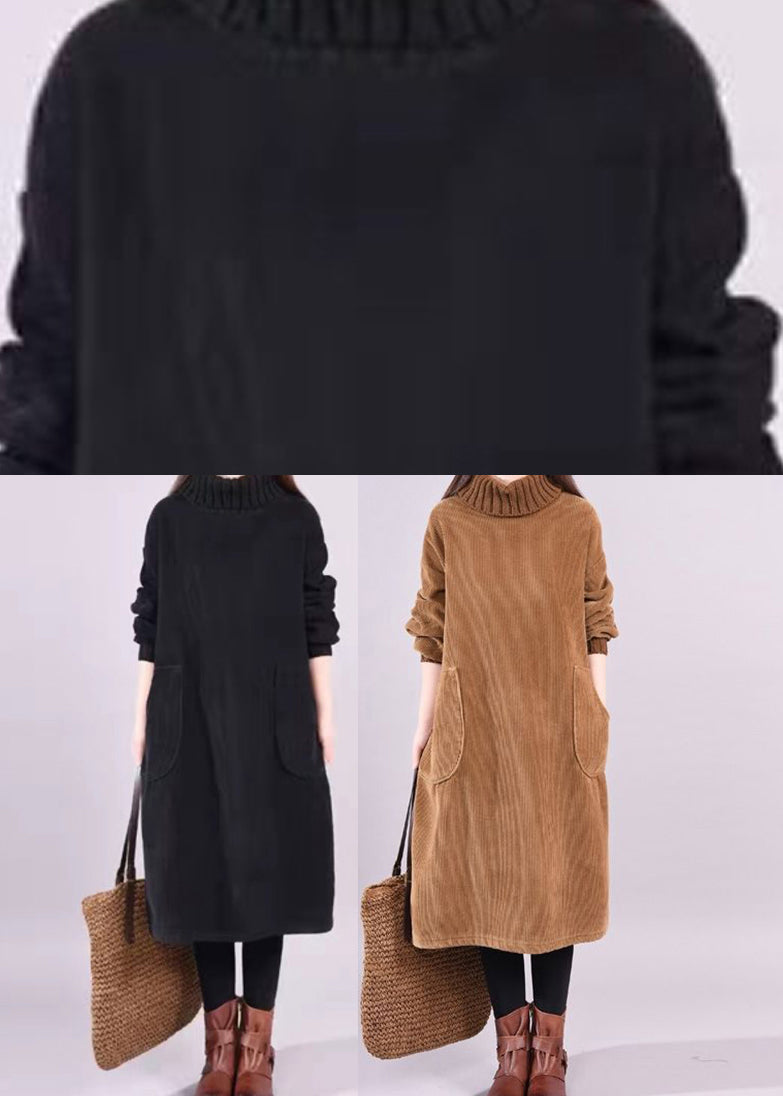 High Neck Long Sleeve Pocket Corduroy Midi Dress 5