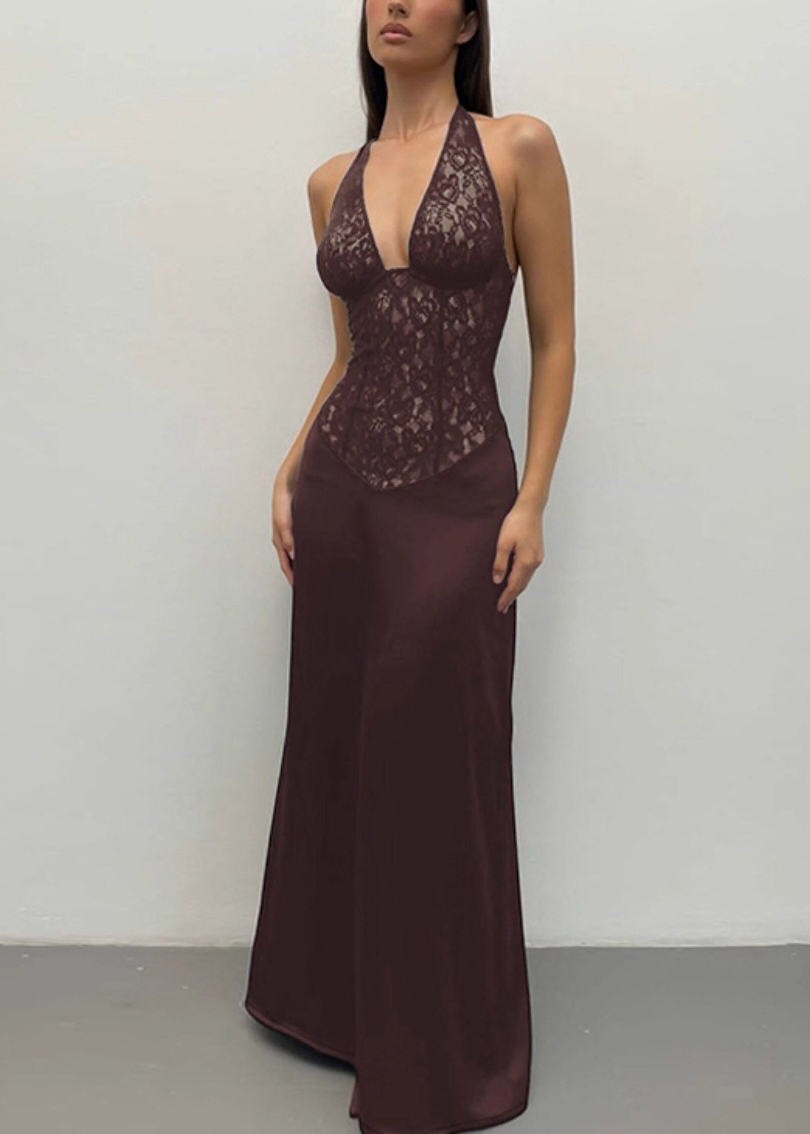 Halter Neck Deep V-Neck Floral Lace Corset Bodice Sleeveless Maxi Gown