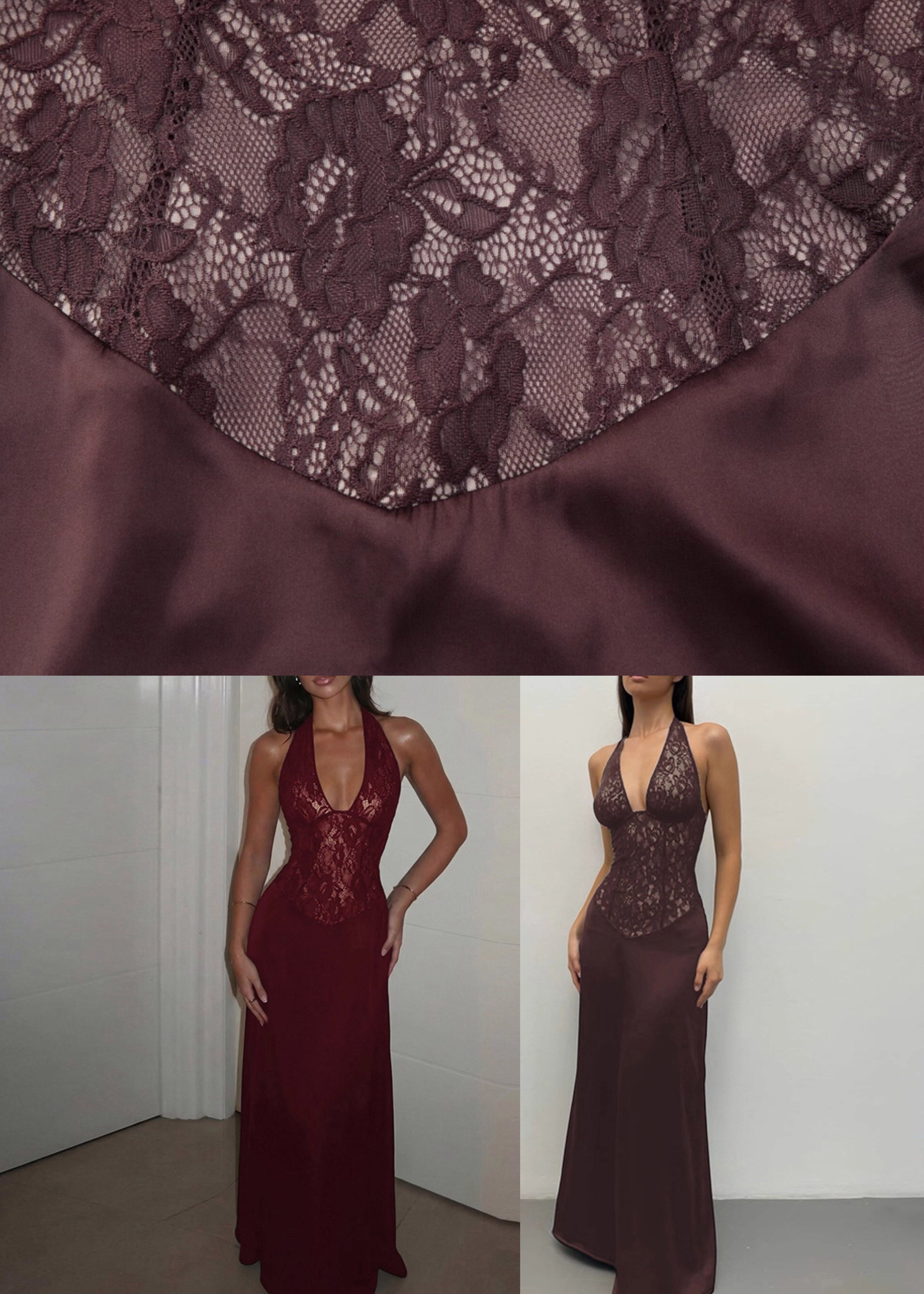 Halter Neck Deep V-Neck Floral Lace Corset Bodice Sleeveless Maxi Gown