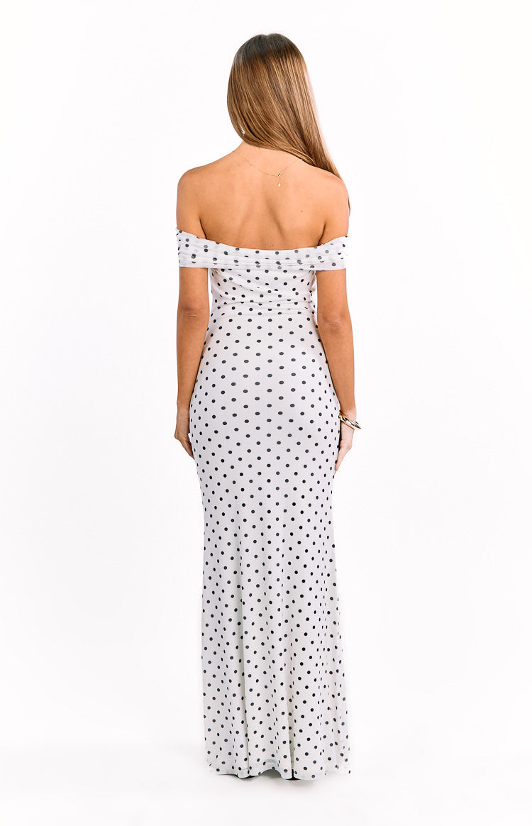 Polka Dot Mesh Off Shoulder Ruched Bodice Mermaid Maxi Dress 13