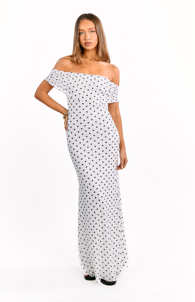 Polka Dot Mesh Off Shoulder Ruched Bodice Mermaid Maxi Dress 10