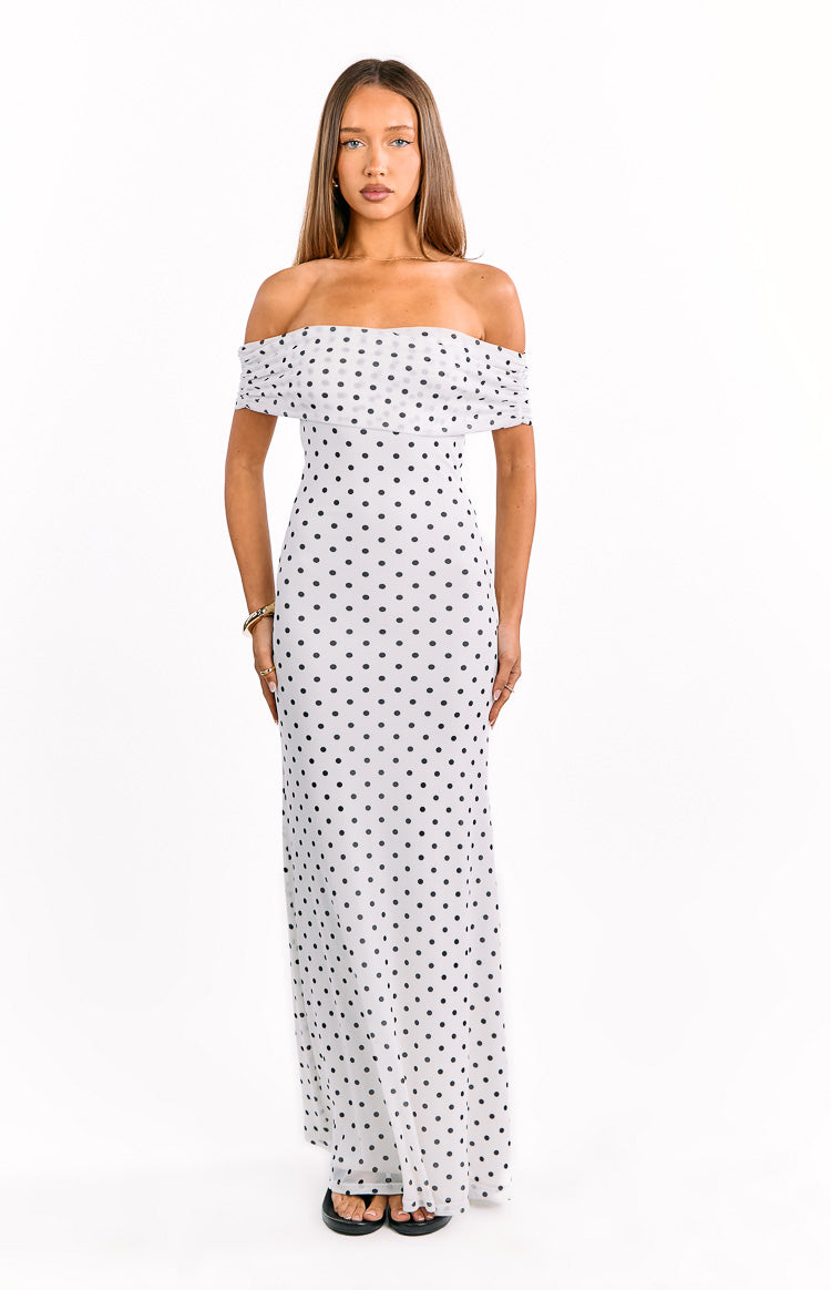 Polka Dot Mesh Off Shoulder Ruched Bodice Mermaid Maxi Dress 11