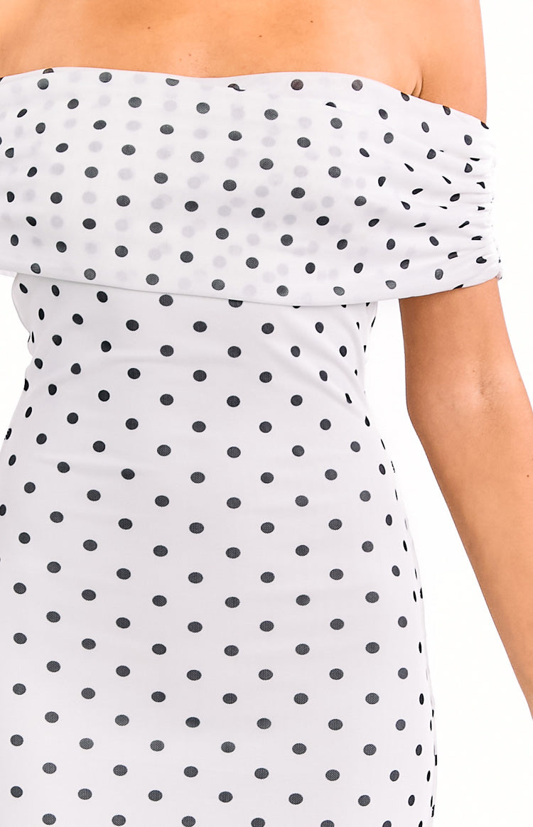 Polka Dot Mesh Off Shoulder Ruched Bodice Mermaid Maxi Dress 14