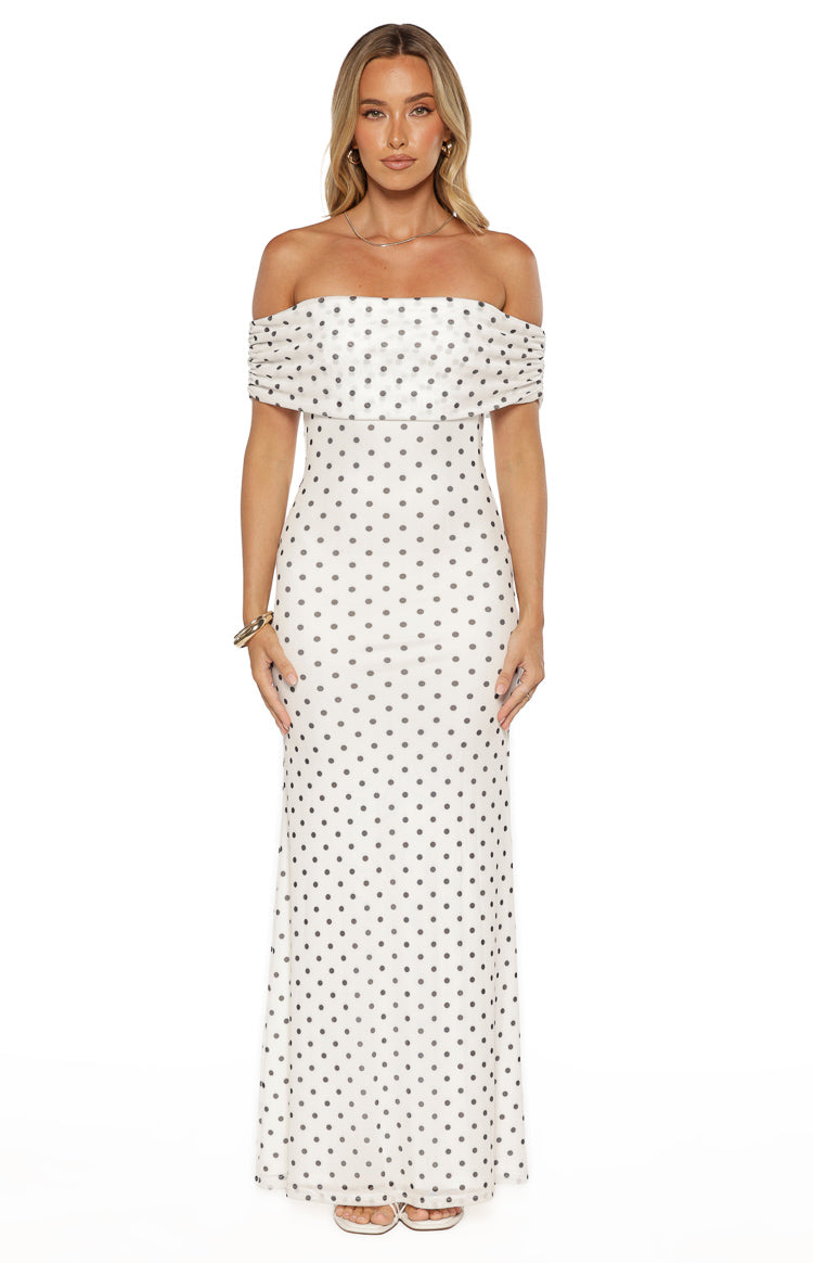 Polka Dot Mesh Off Shoulder Ruched Bodice Mermaid Maxi Dress 3