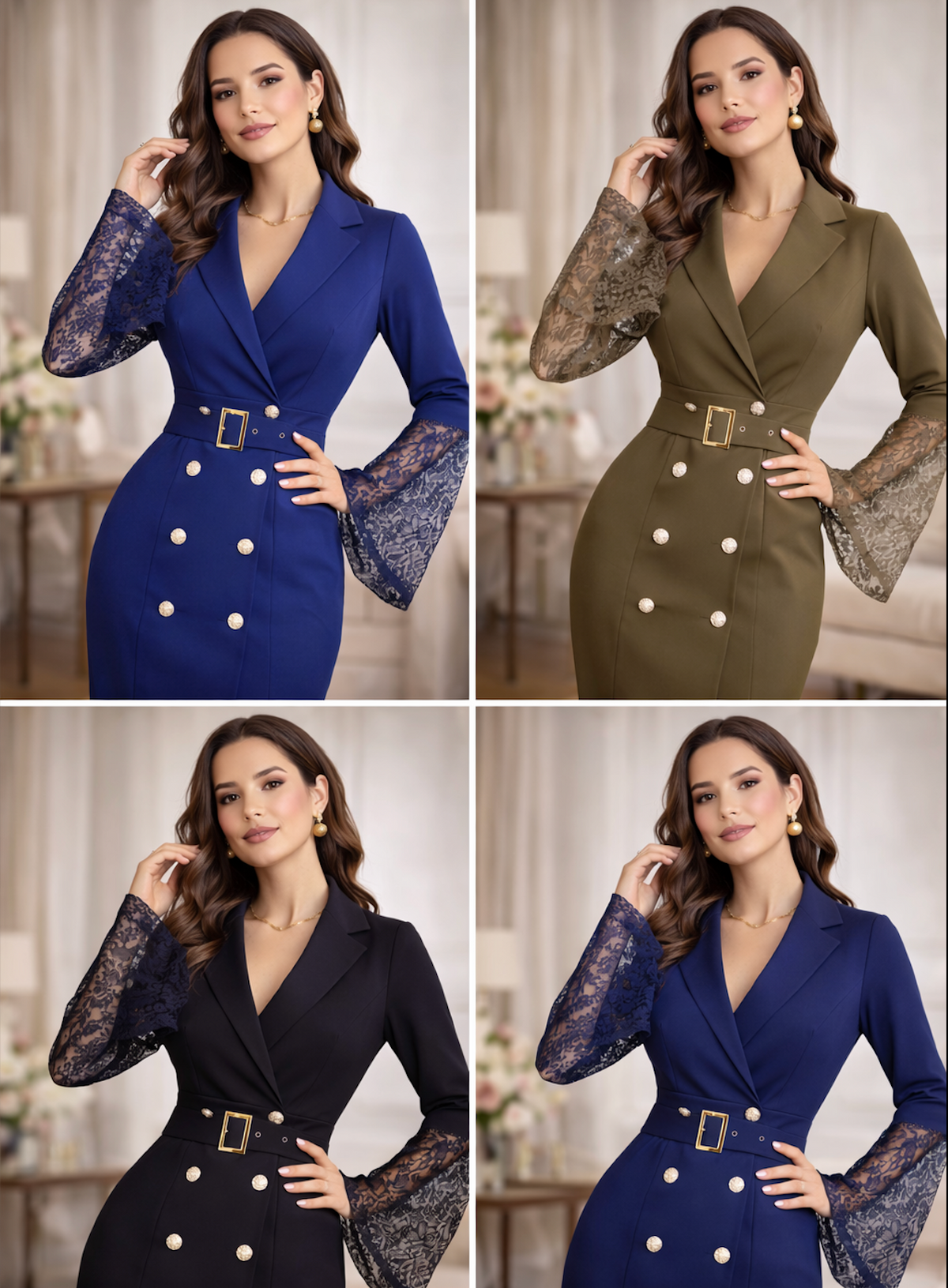 Double Breasted Belted Lace Bell Sleeve Blazer Midi Dress