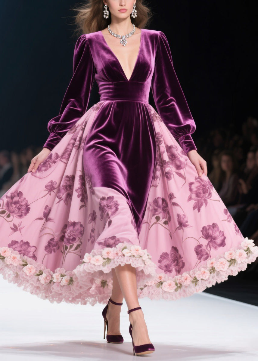 Velvet Floral Print Deep V-Neck Bishop Sleeve Rosette Ruffle Midi Dress