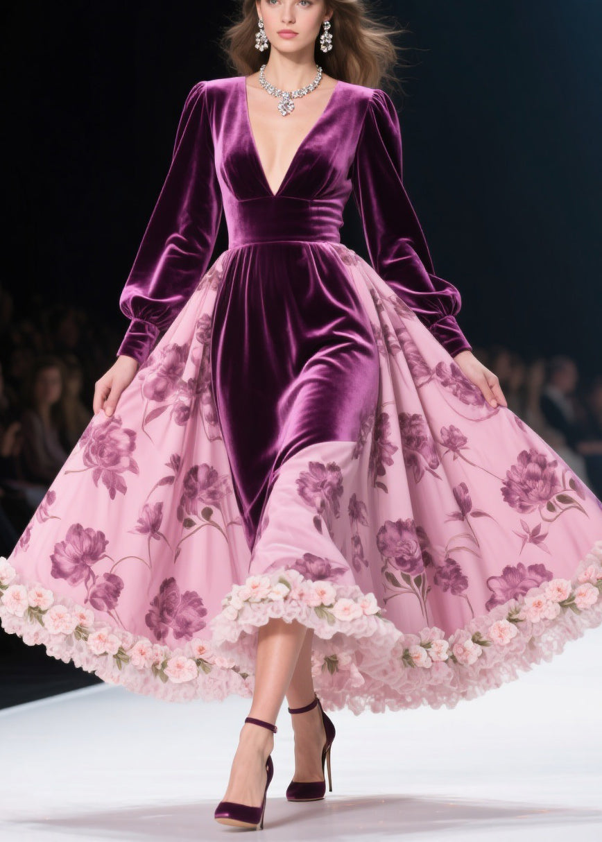 Velvet Floral Print Deep V-Neck Bishop Sleeve Rosette Ruffle Midi Dress