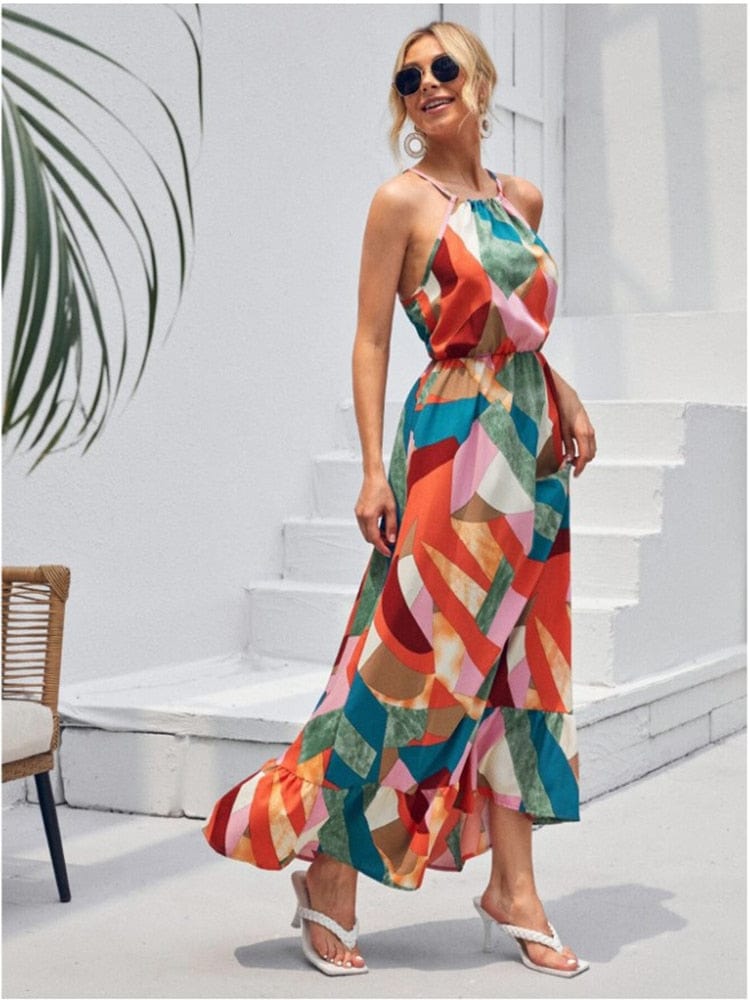 Halter Neck Geometric Print Tiered Maxi Dress 3