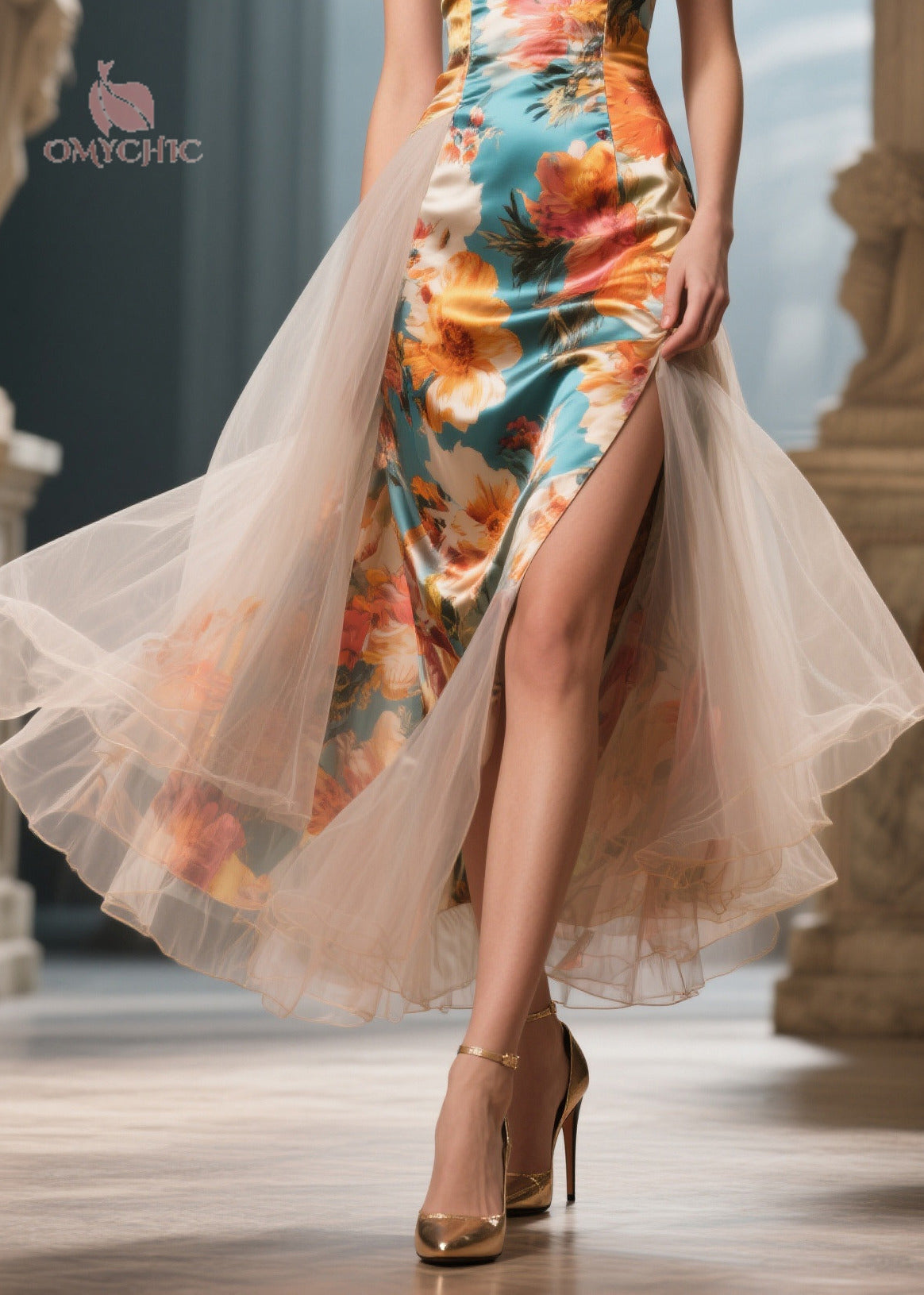 Floral Print One Shoulder Tulle Overlay High Split Midi Dress