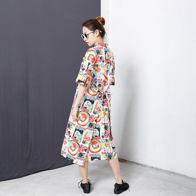 Graphic Print Belted Button Down Collar Oversized Shirt Midi Dress