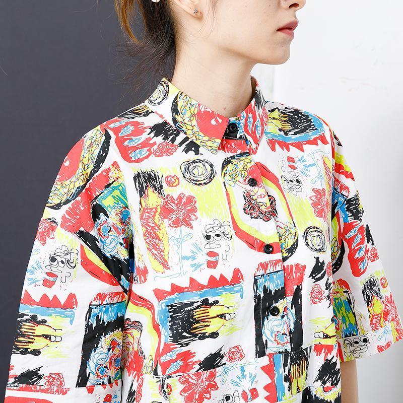 Graphic Print Belted Button Down Collar Oversized Shirt Midi Dress