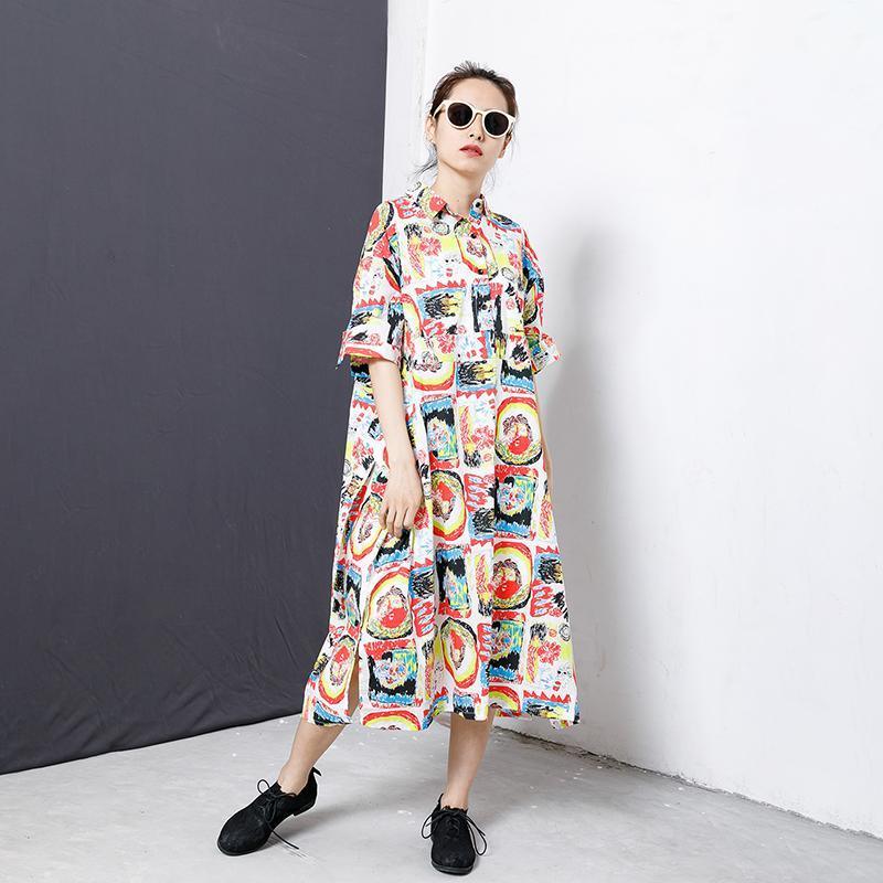 Graphic Print Belted Button Down Collar Oversized Shirt Midi Dress