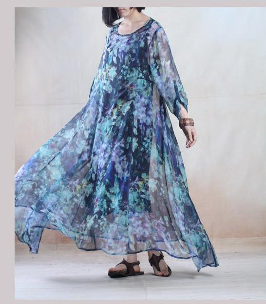 Colorful world blue chiffon maxi dress floral sundress holiday dresses