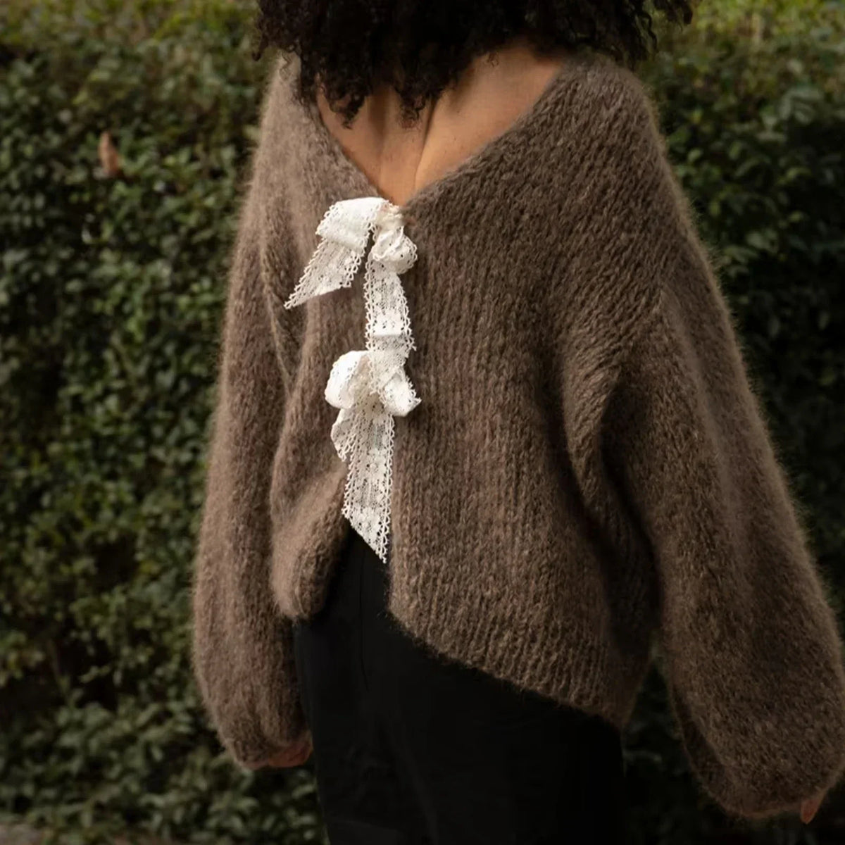 Fuzzy Knit Satin Bow Tie Front Balloon Sleeve Cardigan 4