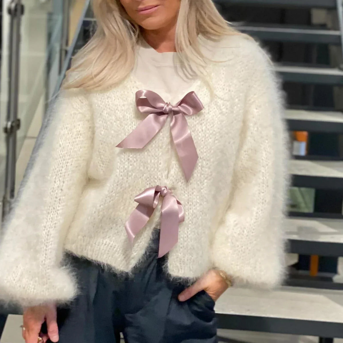 Fuzzy Knit Satin Bow Tie Front Balloon Sleeve Cardigan 2
