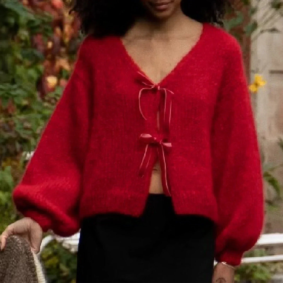 Fuzzy Knit Satin Bow Tie Front Balloon Sleeve Cardigan 5