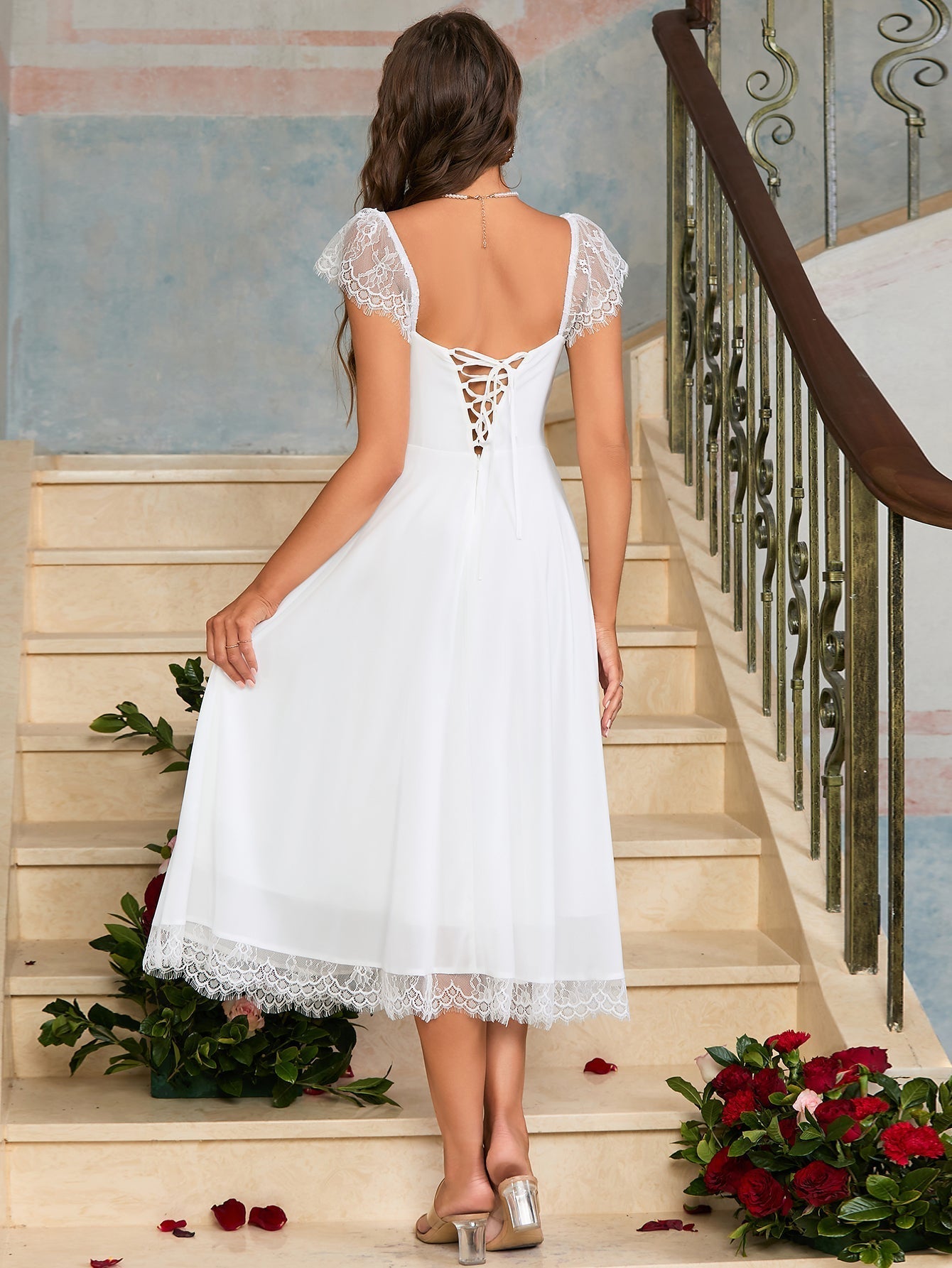 Contrast Lace Ruched Bust Square Neck Dress - View 5