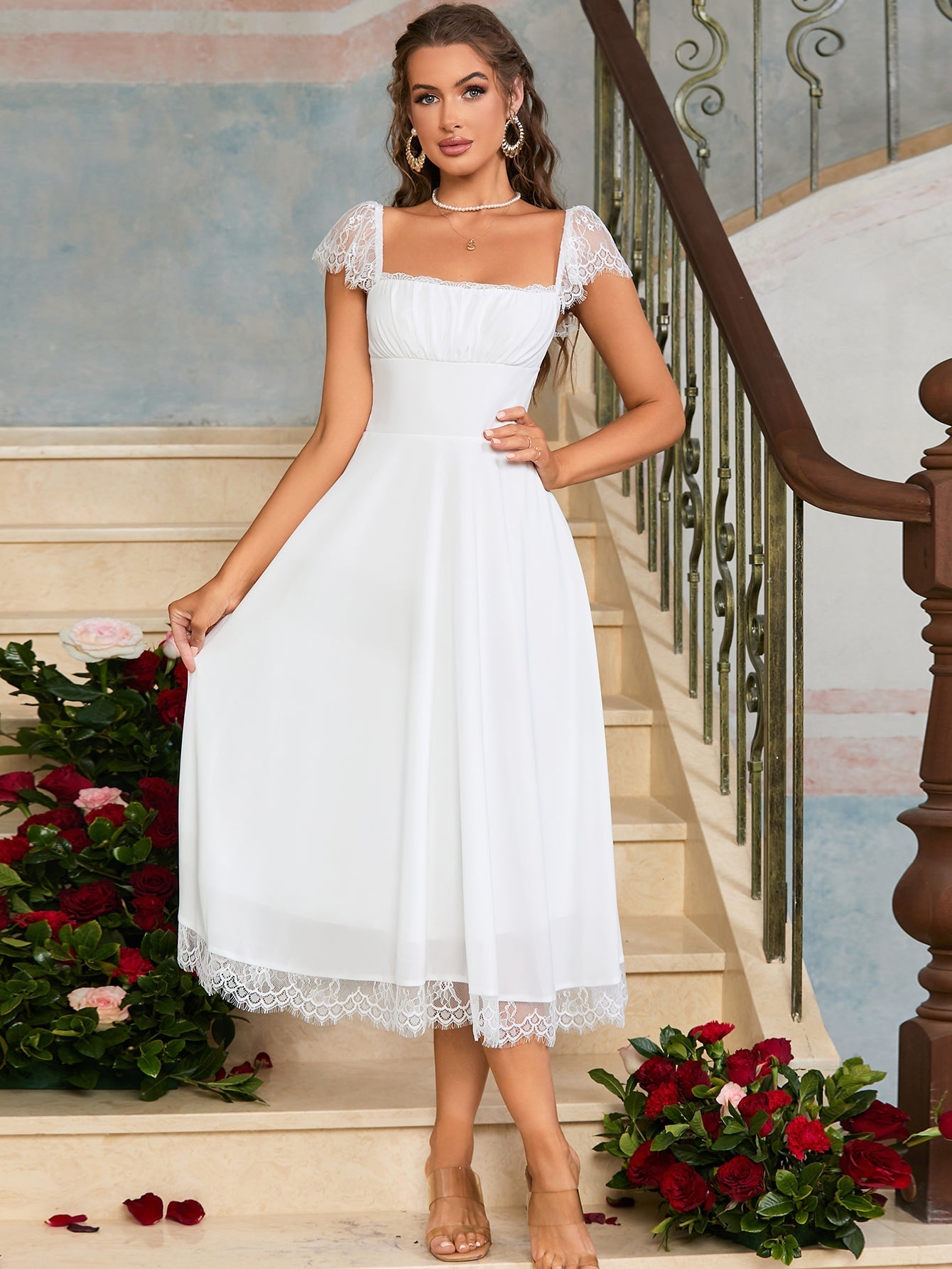 Contrast Lace Ruched Bust Square Neck Dress - View 8