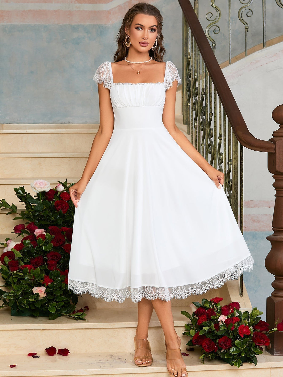 Square Neck Lace Cap Sleeve Ruched Bust Lace Trim A-Line Midi Dress