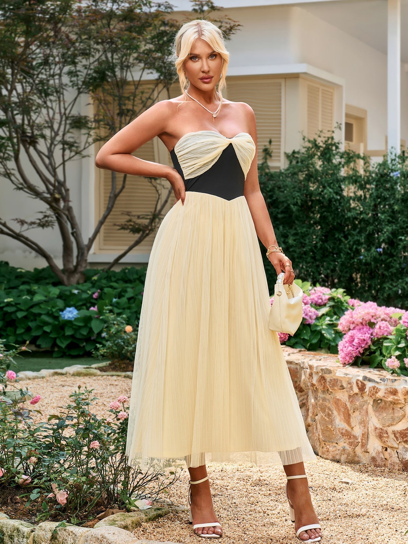 Contrast Ruched Bust Mesh Midi Tube Dress - View 6