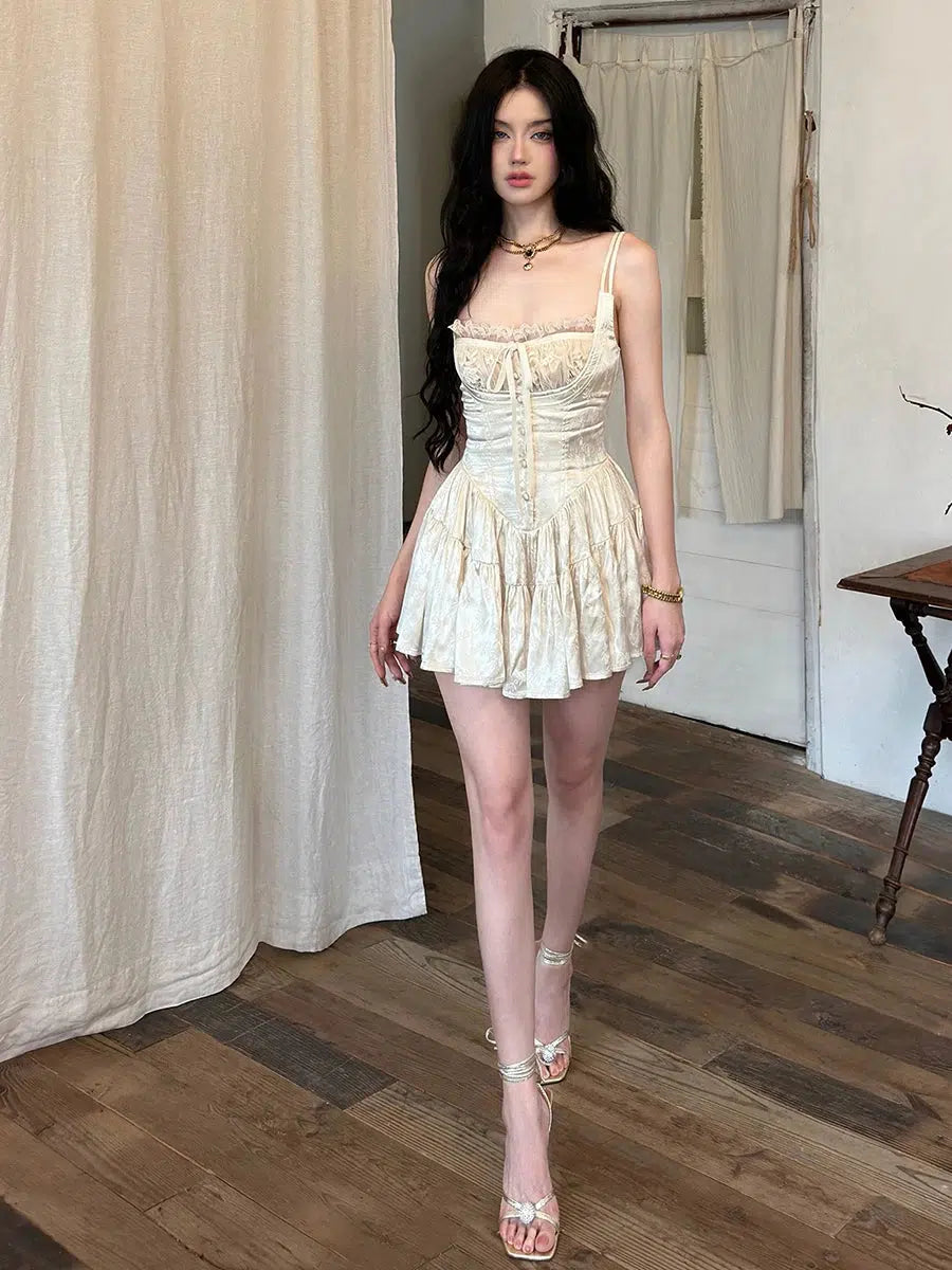 Satin Spaghetti Strap Lace Trim Tie Front Mini Dress